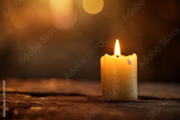 Fototapeta A single candle on a wooden background with a blurred backdrop suitable for advertising