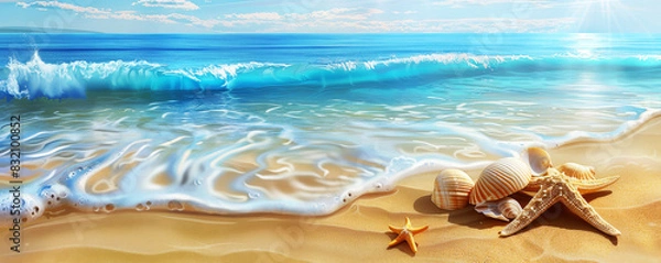 Fototapeta shells and starfish on the sandy beach, blur seashore with ripple white wave foam at background with copy space, no people. summer background