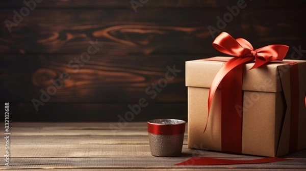 Obraz Happy Father's day concept with coffee mug and gift box over wooden background