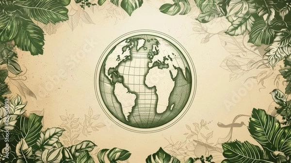 Fototapeta Blank vintage card for Earth Day, designed with hitech styles and element icons of the globe and leaves, and large copy space in the center for text