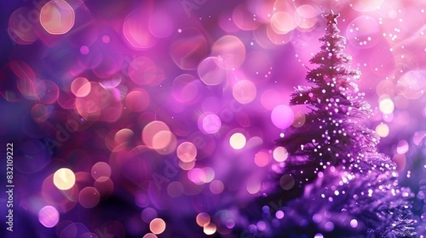 Fototapeta Festive Purple Christmas Background with Bokeh Lights and Christmas Tree - New Year Celebration Banner with Room for Text