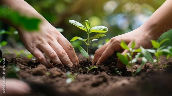 Fototapeta Two hands carefully planting a small tree in the soil.