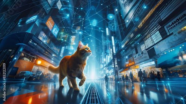 Obraz A Cat walking in streets of futuristic city surrounded by digital arts