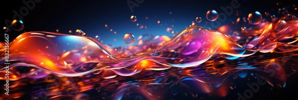 Obraz Iridescent liquid melted glass wallpaper. Soap holographic bubble background. 3d abstract dark luxury fluorescent background