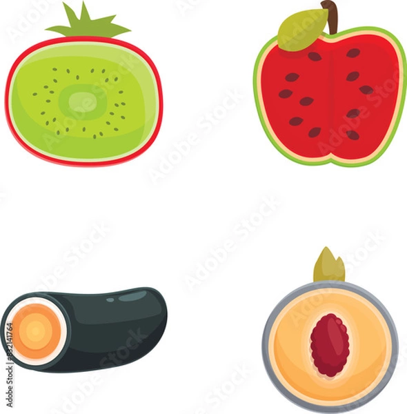 Fototapeta Vector illustration featuring crosssections of kiwi, watermelon, eggplant, and peach