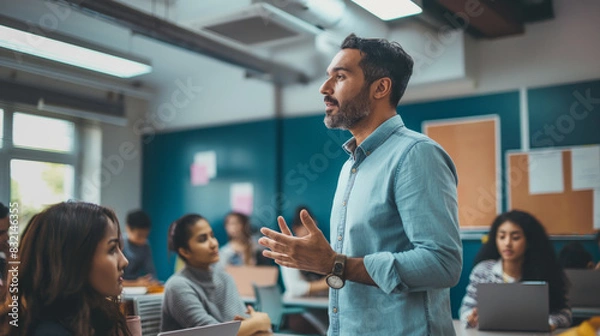 Fototapeta Educator gesturing broadly while speaking to students in a modern classroom setting, indicative of learning and mentorship