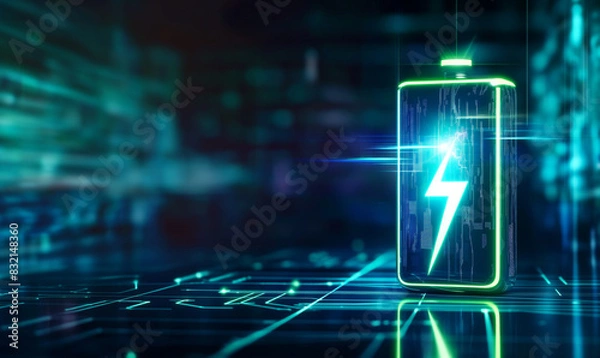 Obraz Glowing green power neon futuristic energy storage, high capacity rechargeable lithium ion battery