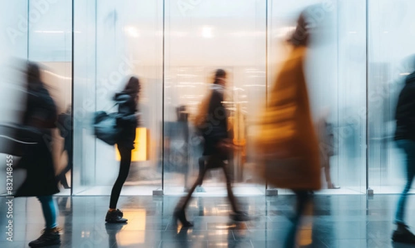 Obraz Beautiful motion blur of people walking in the morning rush hour, busy modern life concept