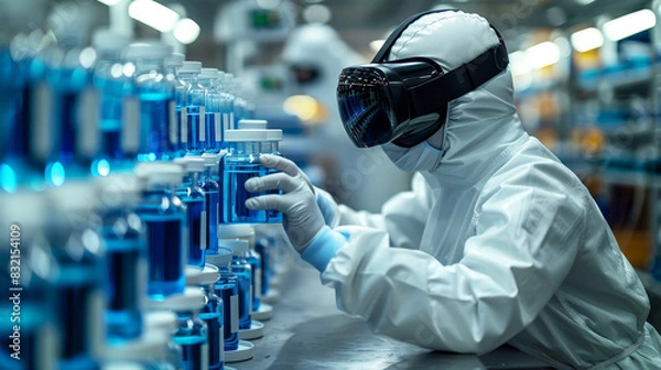 Obraz Medical worker VR wearing glasses with virus test tubes working in laboratory
