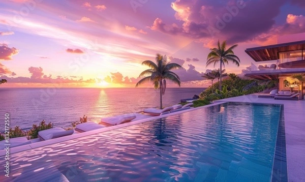 Fototapeta A wide-angle view of a pristine infinity pool overlooking a serene ocean sunset, with luxurious lounge chairs and palm trees lining the poolside. The tranquil water reflects.