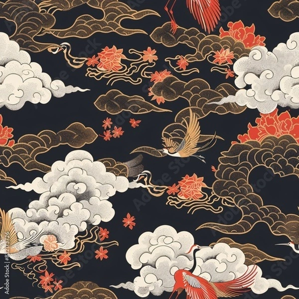 Obraz Japanese crane and cloud motif in a seamless design with red and gold accents