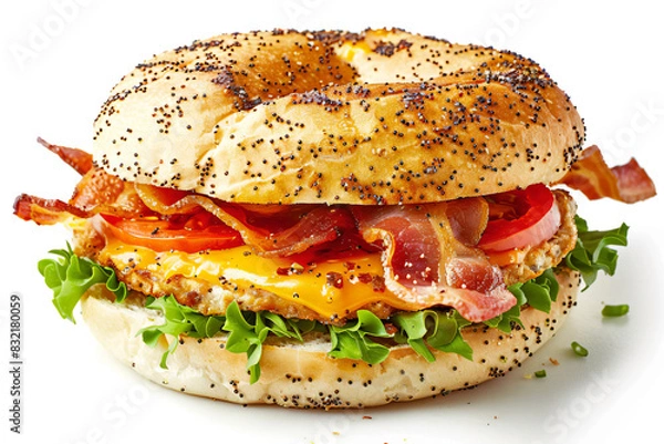 Fototapeta a bagel sandwich with bacon  cheese  and lettuce