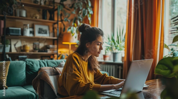 Fototapeta Focused woman using a laptop in a cozy home environment