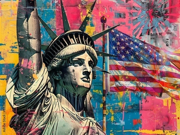 Fototapeta Mixed Media Statue of Liberty with Vibrant US flag art