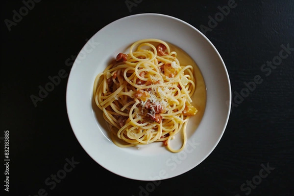 Fototapeta a plate of spaghetti with bacon and cheese