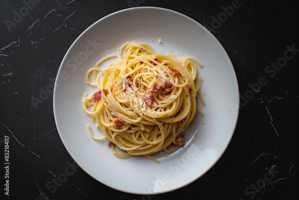 Fototapeta a plate of spaghetti with bacon and cheese