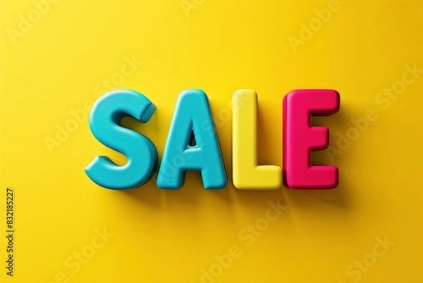 Obraz Sale text on yellow background with 3d illustration of discount offer for business promotion marketing concept
