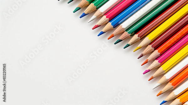 Fototapeta A bright and vivid set of colored pencils aligned diagonally on a white background, creating space for text on one side