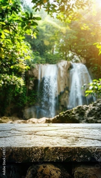 Fototapeta mockup, a natural stone podium in a sunny forest, against the background of a forest waterfall