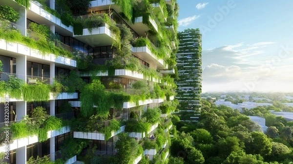 Fototapeta A concept of a sustainable living complex with vertical gardens covering the building exteriors, enhancing air quality and building aesthetics.