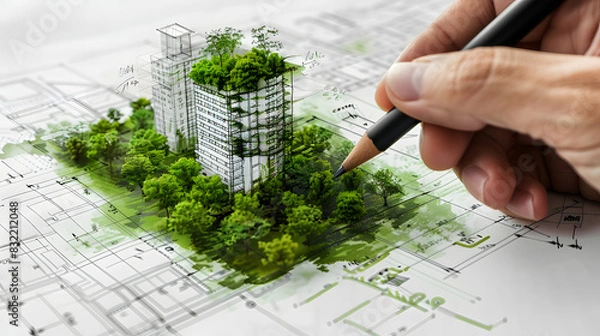 Fototapeta Image of a hand holding a pencil over a green sustainable building concept sketch