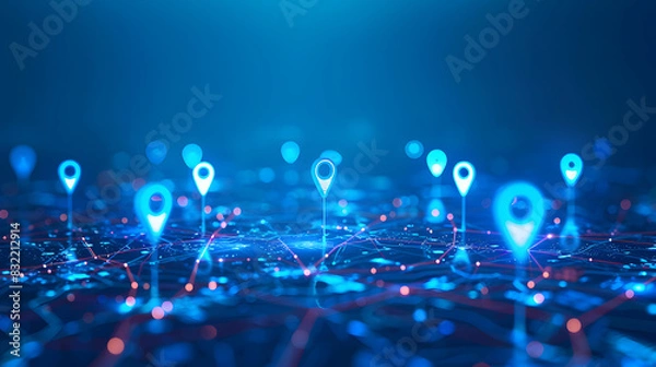 Fototapeta Dynamic image of interconnected network lines and nodes with blue glowing location pins