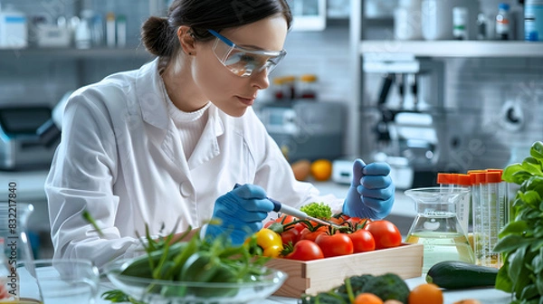 Fototapeta Lab technician in white coat examining fresh vegetables with scientific equipment in a well-equipped lab environment