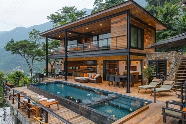 Fototapeta Luxurious villa with private pool, scenic mountain view, and elegant design creating a tranquil and upscale retreat