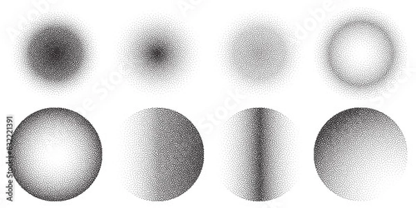 Fototapeta Abstract black stipple gradient halftone circle textures isolated on a white background. Geometric noise circle patterns made of simple dots and grains. Vector illustration