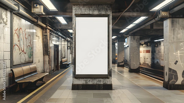 Fototapeta An empty advertising billboard inside a subway station, with a bench and graffiti visible