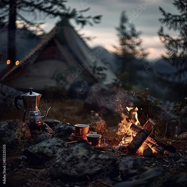 Fototapeta Cozy nighttime camping scene with a campfire, coffee setup, and tent surrounded by trees under a dark sky.