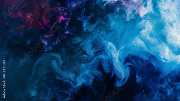 Fototapeta Abstract vivid background. Photo of Ink in water. Colorful smoke. Blue smooth paint stains. Backdrop with space for text. Eye-catching background for social media and printing design. 