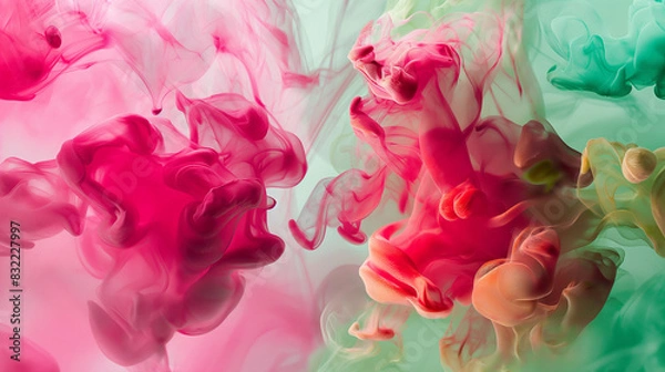 Fototapeta Abstract vivid background. Photo of Ink in water. Colorful smoke. Pink and green smooth paint stains. Backdrop with space for text. Eye-catching background for social media and printing design. 