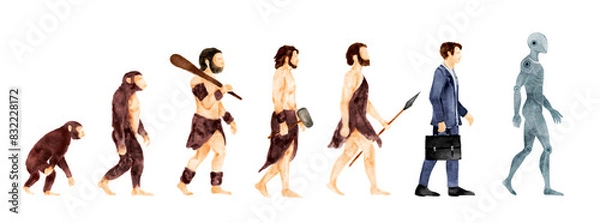 Fototapeta Human evolution from monkeys to AI . Watercolor paint design . Isolated white background . Illustration .