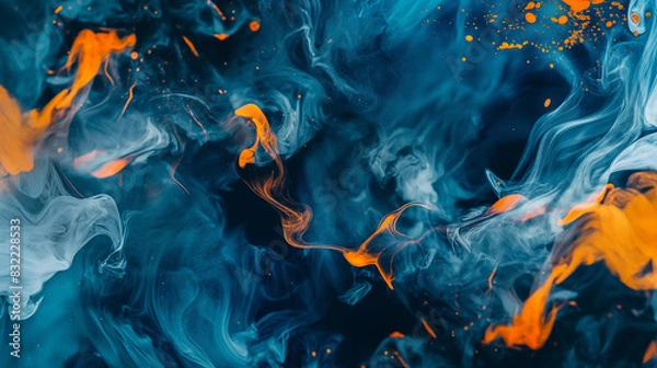 Fototapeta Abstract vivid background. Photo of Ink in water. Colorful smoke. orange and blue smooth paint stains. Backdrop with space for text. Eye-catching background for social media and printing design. 