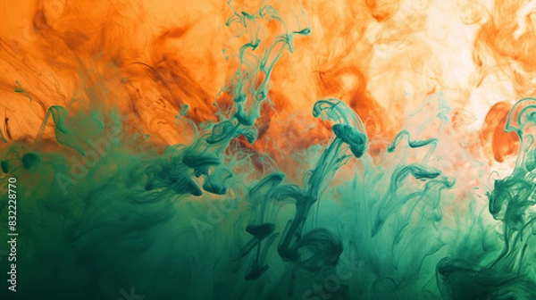 Fototapeta Abstract vivid background. Photo of Ink in water. Colorful smoke. Orange and green smooth paint stains. Backdrop with space for text. Eye-catching background for social media and printing design. 