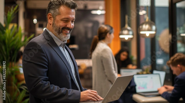 Fototapeta Happy middle aged business man ceo wearing suit standing in office using digital tablet. Smiling mature businessman professional executive manager looking away thinking working on tech device.