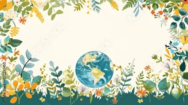 Fototapeta Illustration of Earth surrounded by colorful foliage and plants, symbolizing nature and the environment with ample whitespace.