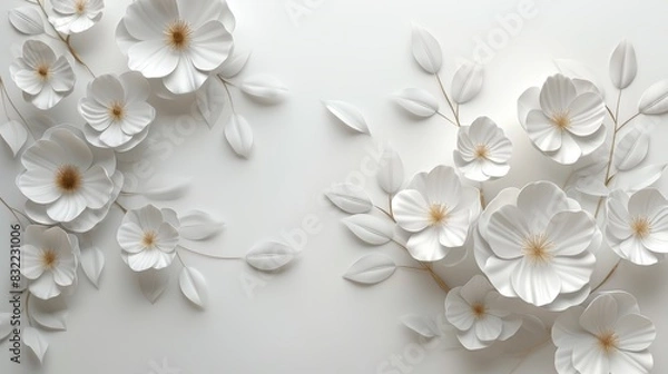 Fototapeta Elegant white paper flowers with leaves on a clean background, perfect for modern design projects, wedding invitations, and home decor.