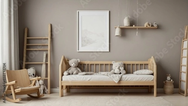 Fototapeta Modern and cozy Scandinavian-style interior design for a toddler's room with plush toys on a wooden bed