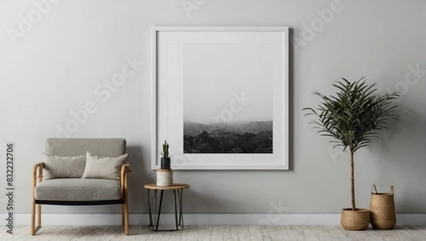 Fototapeta An elegant interior corner showing a minimalist armchair, round wooden table, large framed artwork, and a lush potted plant