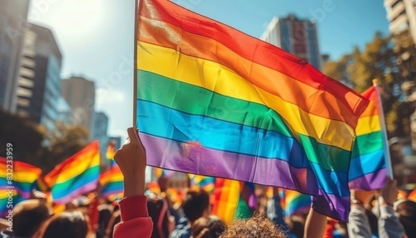Fototapeta Rainbow Pride flag waving in the air at a pride parade