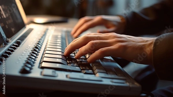 Fototapeta Person with blindness using computer keyboard and braille display for assistive technology


