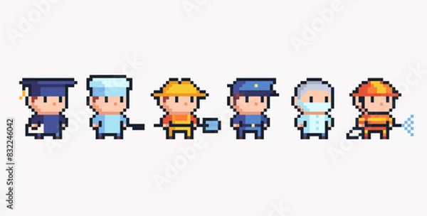 Fototapeta Different professions chibi human figures pixel art set. Adorable kawaii doctor, police, firefighter, farmer and cook collection. Game development, mobile app. Isolated vector illustration.