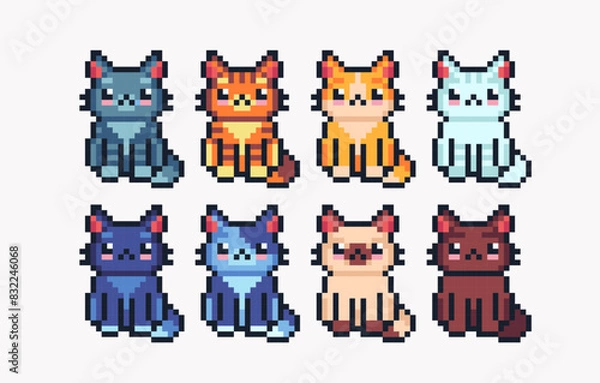 Fototapeta Different colors cats pixel art icon set. Kitty breeds logo collection. 8-bit sprite. Game development, mobile app. Isolated vector illustration.
