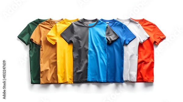 Fototapeta Colorful t-shirts hanging on wooden hangers against gray background, Four T-Shirts on Blue Background - Simple and Stylish Shirt Collection

