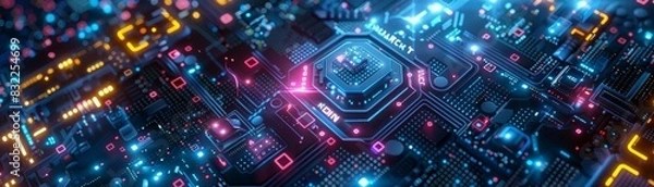 Fototapeta Futuristic circuit board with glowing neon lights and intricate digital patterns, representing advanced technology and innovation in electronics.