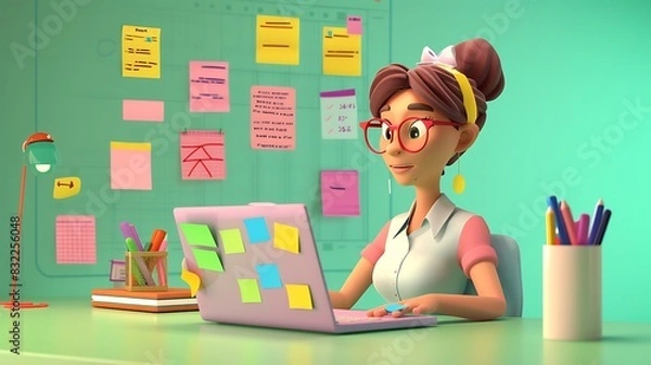 Obraz 3D woman character working on her laptop, with colorful sticky notes and a to-do list in the background, plain green setting