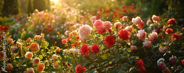 Fototapeta beautiful rose garden with blooming roses of various colors, including red, pink, and white
