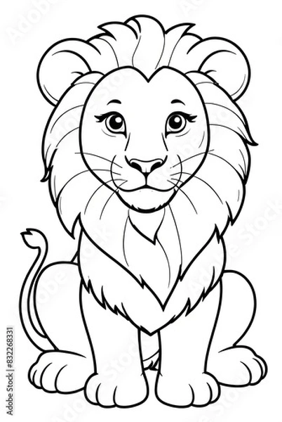 Obraz Lion in forest Kids coloring page book, black and white line art, blank  coloring art